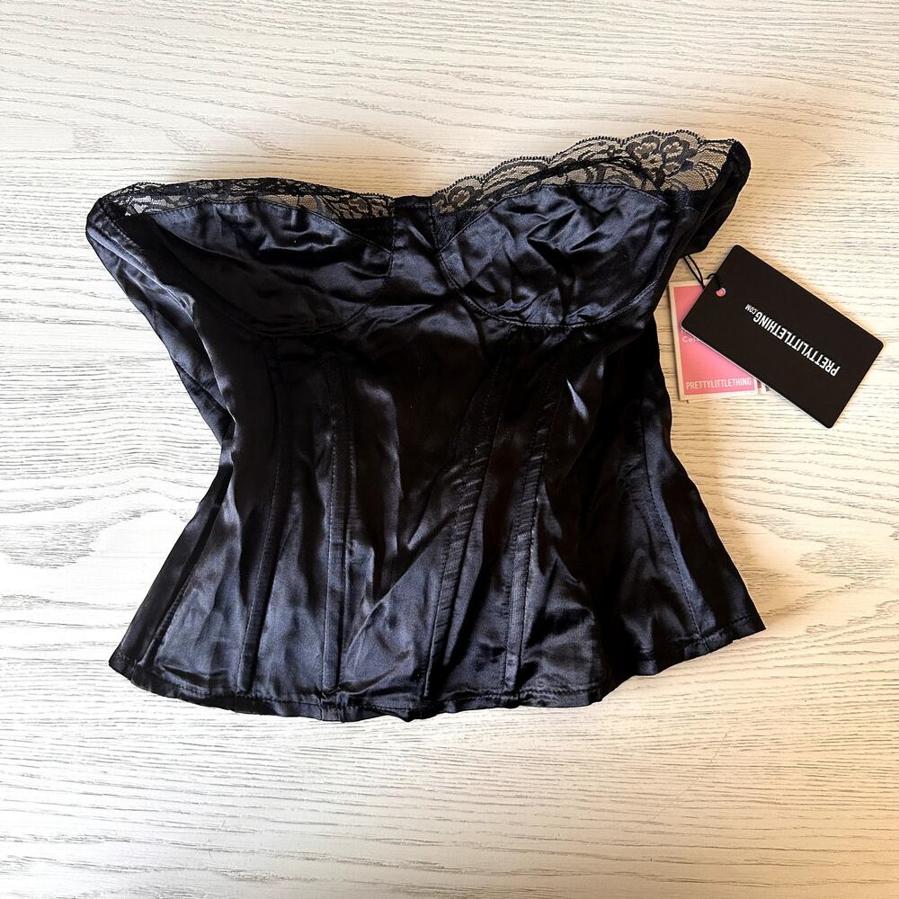 Pretty Little Thing Bustier Corset Black Satin Lace NWT Size 6